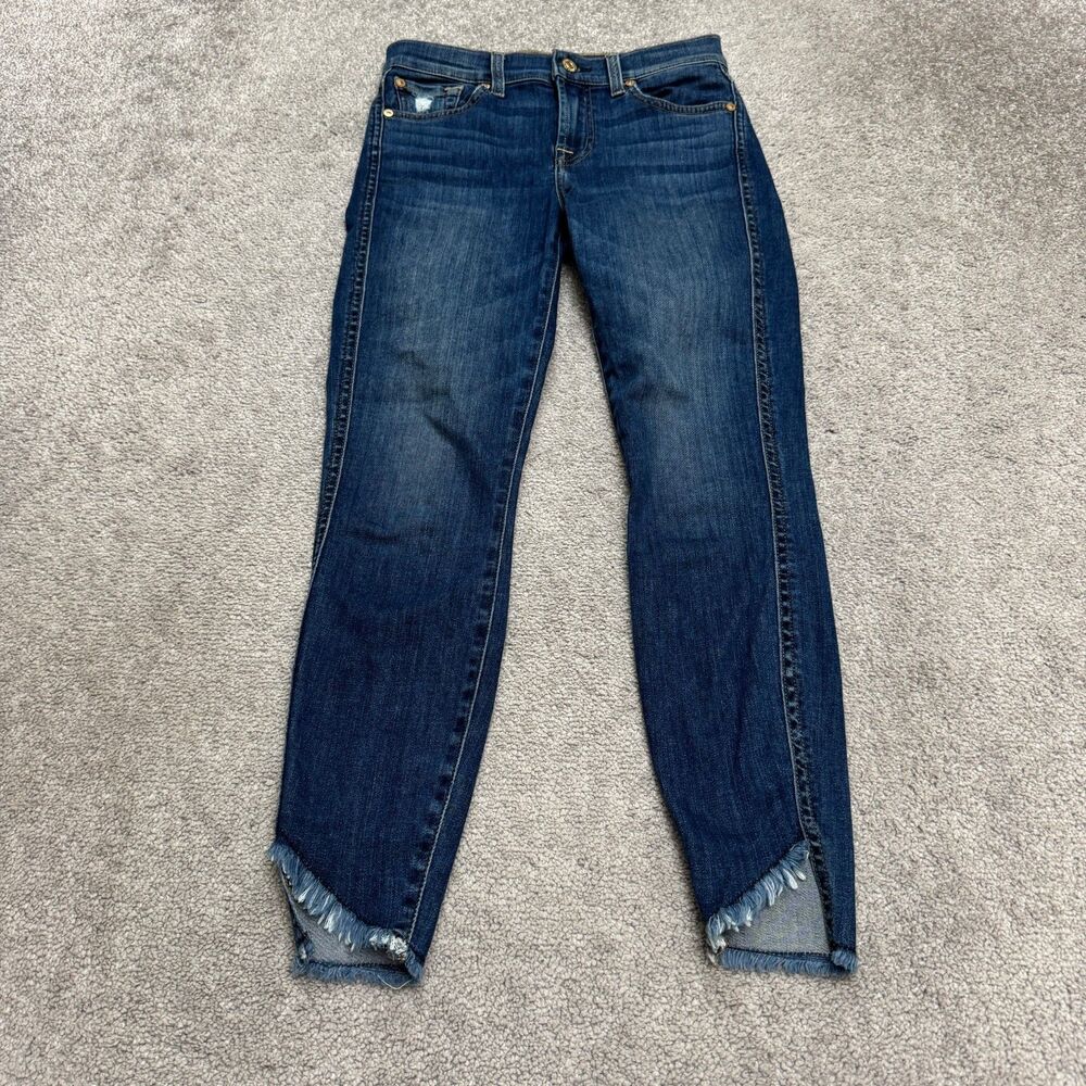 7 For All Mankind The Ankle Skinny Denim Jeans Womens 25 Dark Wash Fray Raw Hem
